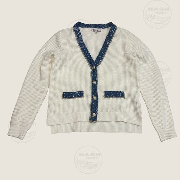 Nanette Lepore M Cardigan NWOT | Cream Knit, Denim Sequin Trim, Gold Buttons - Picture 2 of 9